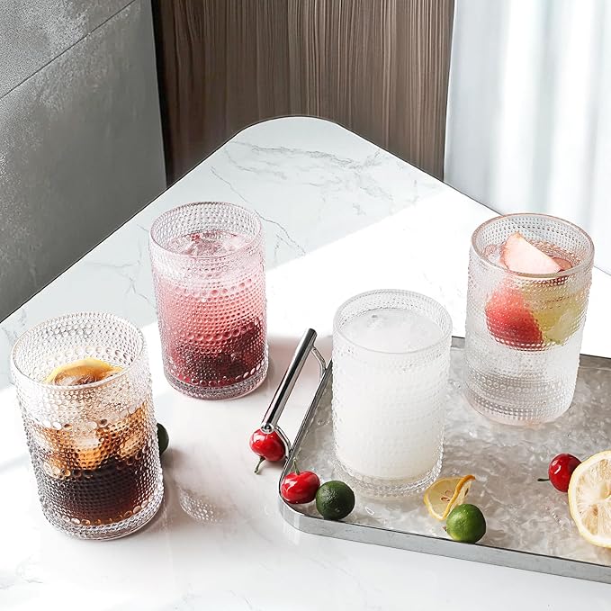 Hobnail Drinking Glasses Set,16 Oz Vintage Embossed Glass Tumbler for Cocktail, Beer, Juice, Water, Whiskey and Kitchen Glassware,2pack