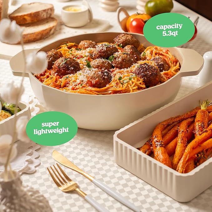 Cravings by Chrissy Teigen The Perfect Pan 5.3 Qt Dutch Oven Pot with Lid, Nonstick Lightweight Aluminum Everyday Pot with Steamer/Strainer Insert, Oven & Stovetop Safe (White)