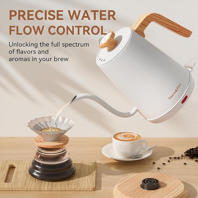 Nueve&Five Gooseneck Electric Kettle with Thermometer,Electric Tea Kettle 1L with Auto Shut-Off,1000W Hot Water Kettle of Stainless Steel for Coffee & Tea -White