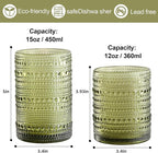 Vintage Hobnail Drinking Glasses Set of 8,Green 12 oz & 15oz Highball Glass Cups, Kitchen Drinkware Glassware,Embossed Water Tumbler,for Beer,Cocktail,Whiskey,Juice and Various Mixed Drinks