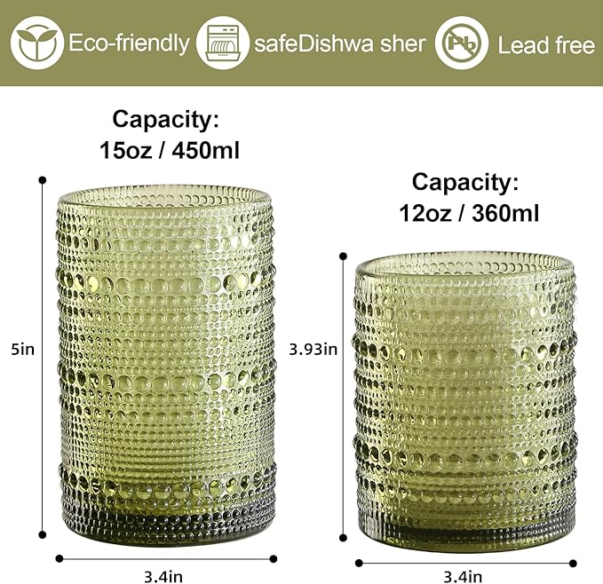 Vintage Hobnail Drinking Glasses Set of 8,Green 12 oz & 15oz Highball Glass Cups, Kitchen Drinkware Glassware,Embossed Water Tumbler,for Beer,Cocktail,Whiskey,Juice and Various Mixed Drinks