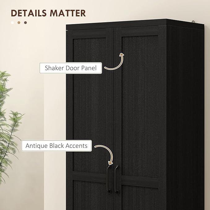 HOMCOM 63" 2-Door Kitchen Pantry, Freestanding Storage Cabinet with 5-Tier Shelving and 2 Adjustable Shelves for Dining Room, Black Wood Grain