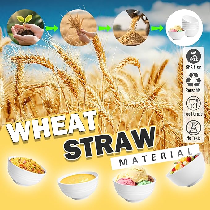 Wheat Straw Small Bowls 10 OZ, Unbreakable Dessert Bowls Set of 6, Microwave & Dishwasher Safe Bowl for Kitchen, Mini Reusable Plastic Bowl for Indoor Outdoor, White