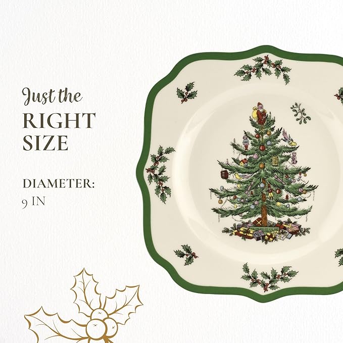 Spode Christmas Tree Scalloped Salad Plate - Holiday-Themed Stoneware Appetizer Plate - 9 Inch Christmas Dinner Dish Featuring Colorful Gifts & Mistletoe Accents - Dishwasher & Microwave Safe