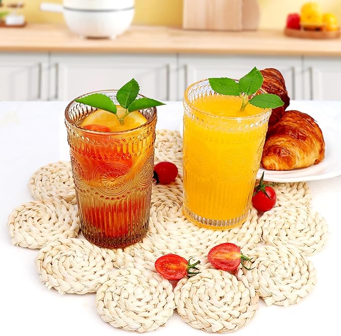 6pcs Vintage Drinking Glasses Set, 12 oz Amber Highball Glasses, Embossed Ribbed Glassware Cups for Thanksgiving Cocktail, Juice, Whiskey