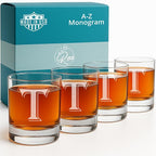 (T-Monogram)- 4 Piece Set of 11 Ounce Engraved Heavy Base Rocks Glasses Elegant Glass-Multi-Purpose Beverage-Rocks Glass- Gift for any Occasion- By: On The Rox