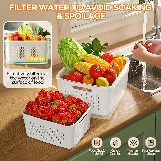 5-Pack Fruit Storage Containers for Fridge with Removable Colanders, 4 in 1 Produce Storage Containers with Lids, Leakproof Fridge Organizer Bins for Salad Berry Lettuce Vegetables Meat Keeper Fresh