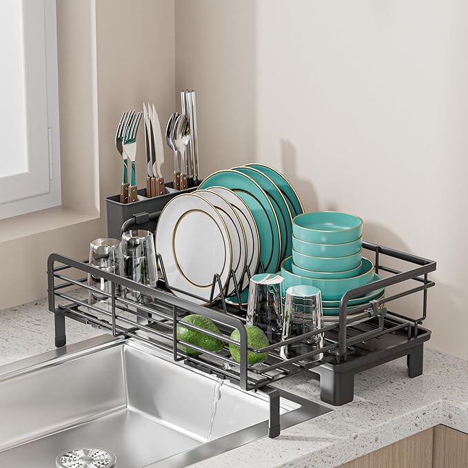 Small Dish Drying Rack - Extendable Dish Rack for Kitchen Counter, Rustproof Dish Drainers with Utensil Holder, Perfect for Apartments, RVs and Small Spaces,16.5" D x 7.5"-12.5" W x 6.5" H