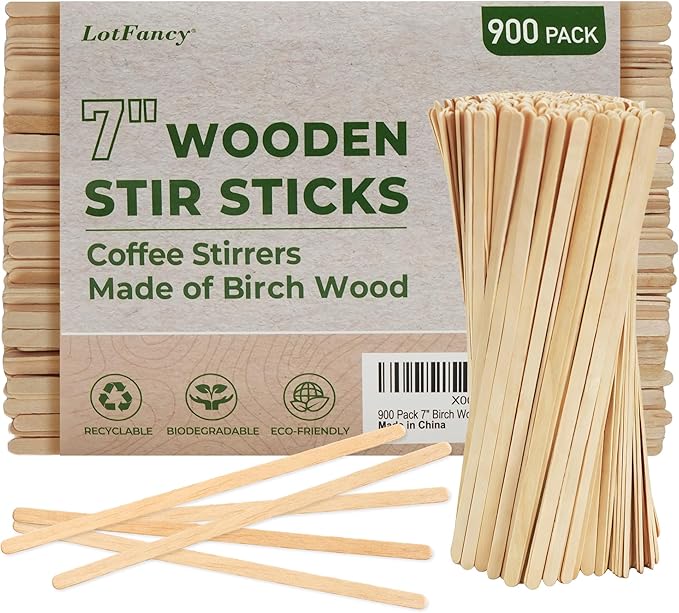 LotFancy 900Pcs Coffee Stirrers, 7 inch Birch Wood Coffee Stir Sticks, Sturdy Wooden Sticks, Great for Your Coffee Nook, Splinter Free, Round End