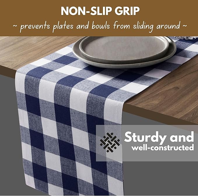 Native Fab Table Runner Buffalo Check Plaid 100% Cotton - 13x90 Inches Kitchen Dining Table Decoration for Indoor Farmhouse Home Decor - Navy Blue and White