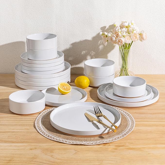 AmorArc Ceramic Dinnerware Set for 6 | Speckled Stoneware Plates and Bowls with Rustic Terracotta Underside| Scratch Resistant,Dishwasher & Microwave Safe Dishes Sets- 18pcs White