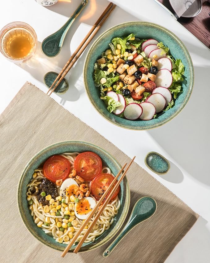 Large Salad Soup Ramen Serving Bowls, 71 OZ Ceramic Japanese Ramen Noodle Bowls with Chopsticks, Spoons and Rests - Super Big Bowl Sets for Udon, Pho, Pasta, Cereal, Set of 2 - Reactive Green