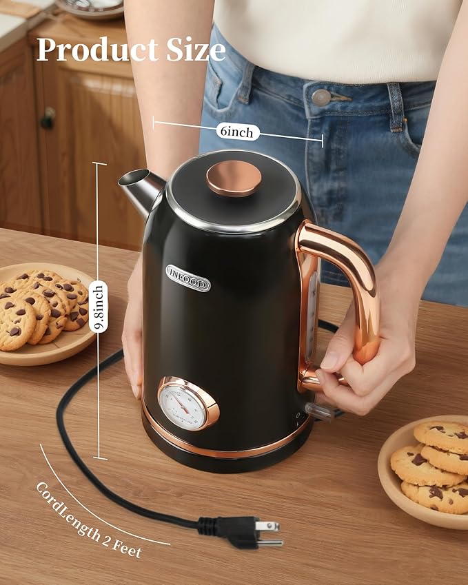 Retro Electric Kettle, 1.8L/60.8oz Hot Water Kettle Electric with Thermometer, 1200W Fast Heating Stainless Steel Tea Kettle for Boiling Water, Cordless, LED Indicator, Auto Shut-Off, Black