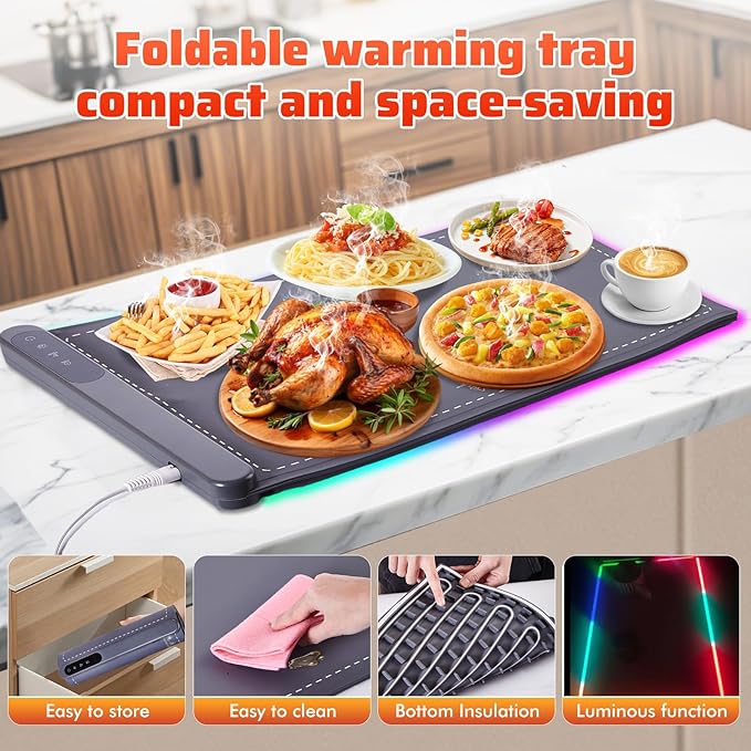Warming Mat For Food Chafing Dishes for Buffet,Food Warming Mat,Portable Food Warmer,Counter Silicone Warming Mat With 6 Level Temperature 6 Hours Timers (XL 24"x16") Grey Fathers Day