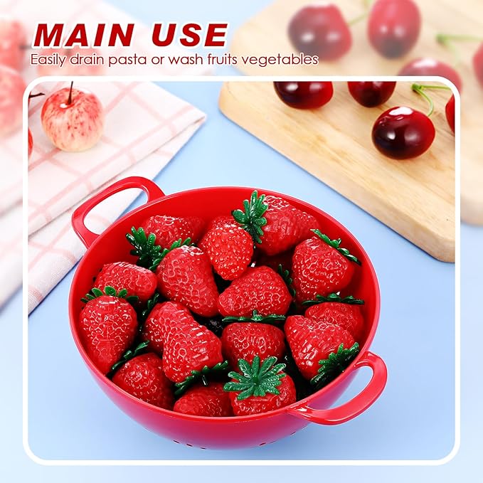 Baderke 4 Pack Mini Colander for Kitchen Plastic Berry Strainer with Double Handles 7.5 x 6 x 3 Inch Small Colander Strainer for Fruits Vegetables Food (Red)