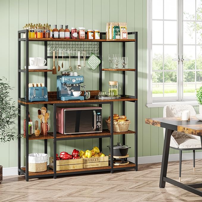 Tribesigns Large Bakers Rack, 55" Wide Kitchen Hutch Cabinet Microwave Stand with 11 Hooks, 5-Tier Baker’s Rack Kitchen Storage Shelf with Hutch, Rustic Brown
