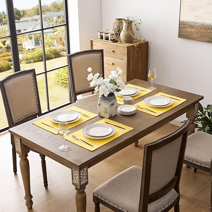 Romanstile Cloth Placemats Set of 6-12 x 18 Inch, Heat Resistant Double Layered Thickened Burlap Place Mats, Washable Faux Linen Farmhouse Table Mats for Kitchen/Dining/Party/Outdoor, Yellow