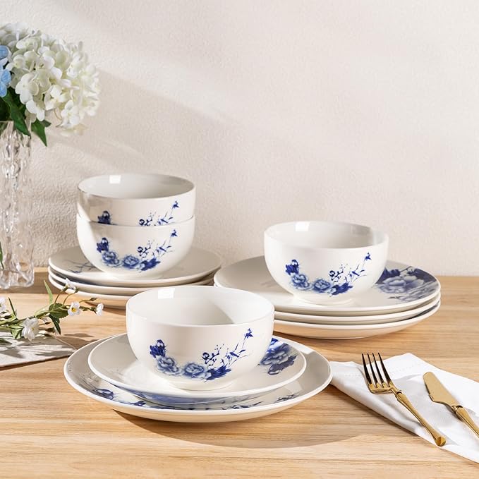 LERATIO Ceramic Dinnerware Sets,Blue and White Plates and Bowls Set,Highly Chip and Crack Resistant | Dishwasher & Oven & Microwave Safe | Round Dishes Set Service for 4 (12pc)- Peony