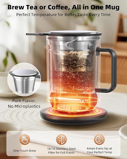 Nuwave Smart Heated Coffee Mug Rechargeable, 16oz Self Heating Temperature Control Mug with LED Display, Custom Brew Modes, Double-Wall Vacuum Insulation, 5-Hour Battery Life, Auto Shut-Off