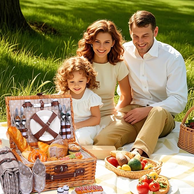 Picnic Basket Set for 4 with Waterproof Blanket Mat Insulation Bag Wicker Floral Brown Classic Fresh for Wedding Birthday Summer Camp Outdoor Camping Beach Travel Christmas