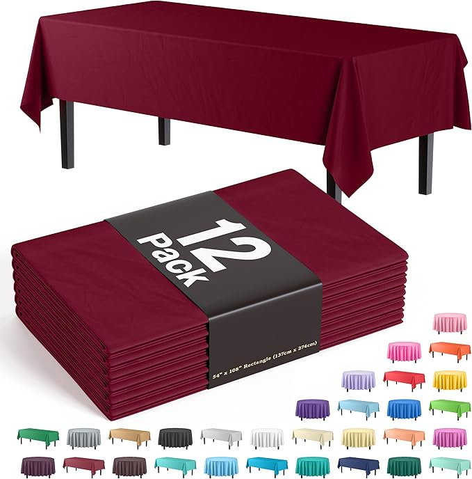 Exquisite 12-Pack Premium Plastic Tablecloth 54in. x 108in. Rectangle Table Cover - Burgundy