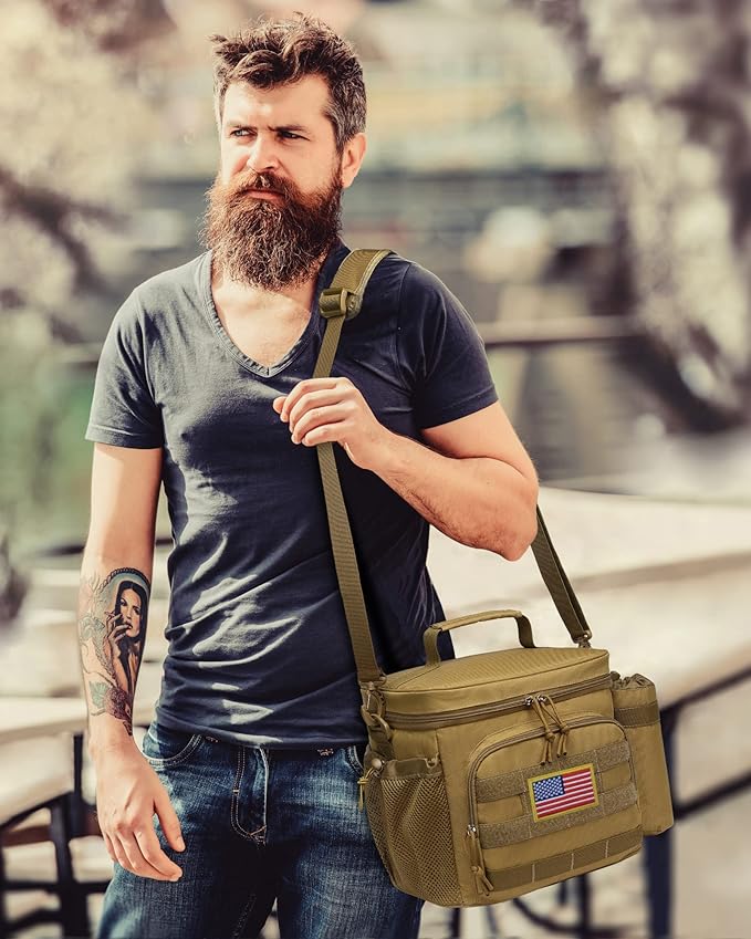 TACTICISM Lunch Box for Men - 12L/20L/25L Tactical Lunch Bag Adult - MOLLE Insulated Leakproof Lunch Pail with Detachable Water Bottle Pouch - Lunch Cooler for Work and Outdoors, Brown