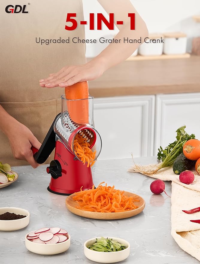 GDL Rotary Cheese Grater, Upgraded 5-in-1 Cheese Grater Hand Crank, Multi-purpose Cheese Shredder with Handle, Vegetable Slicer Cutter Ice Shaver for Potato, Carrot, Nuts, Chocolate