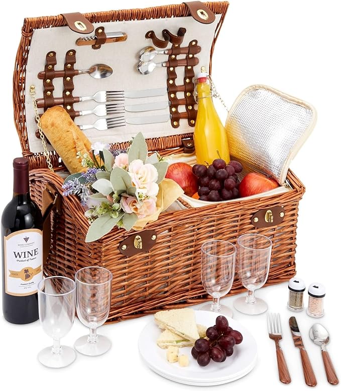 Juvale Picnic Basket for 4 People - 18.1 x 12.2 x 10.2 Inches, Brown, Classic - Complete Wicker Picnic Basket Set with Cooler Bag, Dishes, Utensils & Glasses