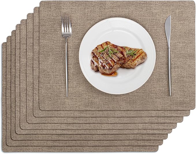 Softalker Vinyl Placemats Set of 8 - Faux Leather Heat Resistant Place Mats, 100% Waterproof Oilproof Wipe Clean Table Mats for Indoor & Outdoor Use, 17’’×12’’, Khaki