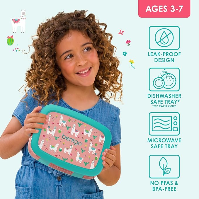 Bentgo Kids Prints Leak-Proof, 5-Compartment Bento-Style Kids Lunch Box - Ideal Portion Sizes for Ages 3-7, Durable, Drop-Proof, Dishwasher Safe, & PFAS & BPA-Free Materials (Llamas)