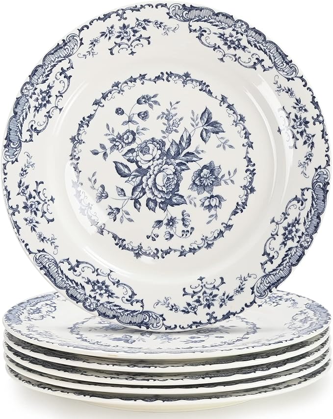 Salad Plates, Ceramic Plates Set of 6, Kitchen Plates Microwave Safe, 8.5 Inch White Plate Dessert Blue Floral