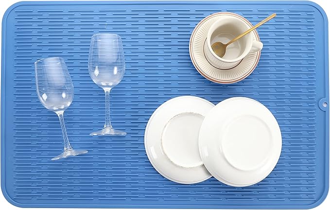 Silicone Dish Drying Mat for Multiple Usage,Easy clean,Eco-friendly,Heat-resistant Silicone Mat for Kitchen Counter or Sink,Refrigerator or Drawer Liner Lichen BlueL 3XL 28 inches x 18 inches