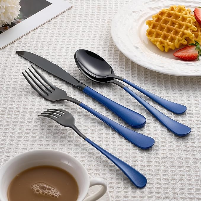 20 Piece Black Blue 18/0 Flatware Utensil Set for 4, Include Dinner Knife,Dinner Forks,Dinner Spoons,Salad Forks,Teaspoons,Silverware Set for 4, Dishwasher Safe