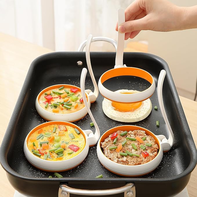 Silicone Fried Egg Cooker Rings Set,Nonstick,Easy to Use&Clean, 4-pack, Round Egg Mold for Cooking Pancake,Breakfast Sandwich, fit McMuffin Biscuit,Griddle Egg Ring for Frying Eggs