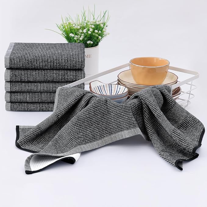 Homaxy Premium Kitchen Towels(18”x 28”, 8 Pack), Large Cotton Kitchen Hand Towels, Flat and Terry Dish Towels, 380 GSM Highly Absorbent Tea Towel Set with Hanging Loop, Black