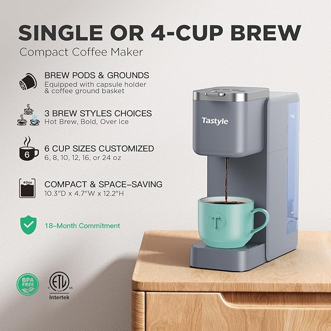 Single Serve Coffee Maker, Iced and Hot Coffee Machine for K Cup & Grounds, Compact Design, 40oz Removable Water Reservoir, 6 to 24 Oz Brew Sizes, Fits 7.3" Travel Mug, Gray