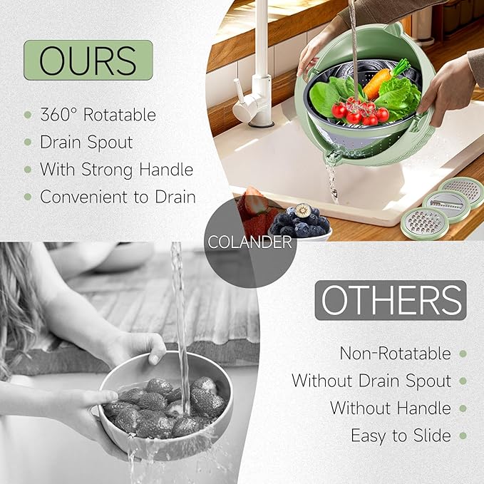 4-1 Strainer Bowl with Lid Set - Strainers and Colanders - Colanders for kitchen - Food Strainer with Graters & Spoons - Fruit Washing Bowl with Colander Pasta Rice Strainer for Veggie Wash Green