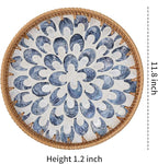Round Rattan Tray for Home Decor 11.8 inch, Modern and Boho Decor Serving Tray with Mother of Pearl Inlay, Wicker Basket for Coffee Table, Hand Woven Decorative Tray Plates (Black)