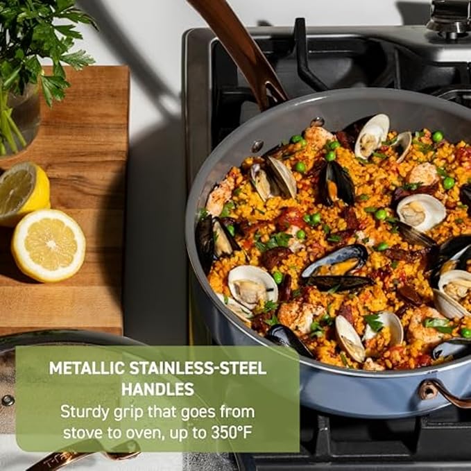 T-fal Preserve Ceramic, Non stick Cookware Set 13-Piece, Made without PFOA and PTFE, Oven & Broiler Safe up to 350°F, Includes Stockpot, Saucepans, Frying Pans, Protectors, Pots and Pans, Blue