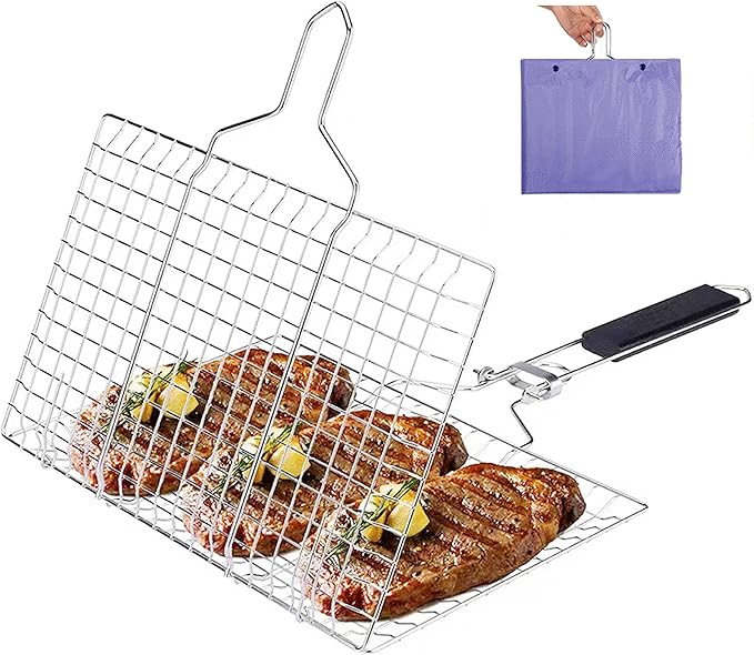 Fish Grill Basket,Olighan Foldable Grilling Basket with Removable Handle,Stainless Steel Large Folding BBQ Rack,Portable Camping Grilling baskets for Vegetables,Steak,Fish,Shrimpand at Home or Outdoor
