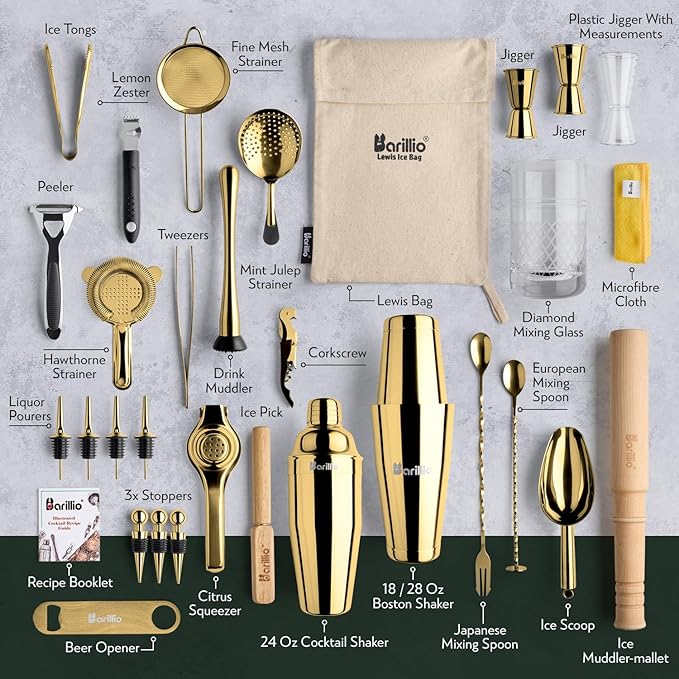 Barillio Bar Tool Set Pro Edition - Gold Stainless-Steel Cocktail Shaker Set - Mixology Bartender Kit w/Boston Shaker, Drink Mixer & Muddler for Cocktails - Home Bar Accessories - 32-Pc Bar kit