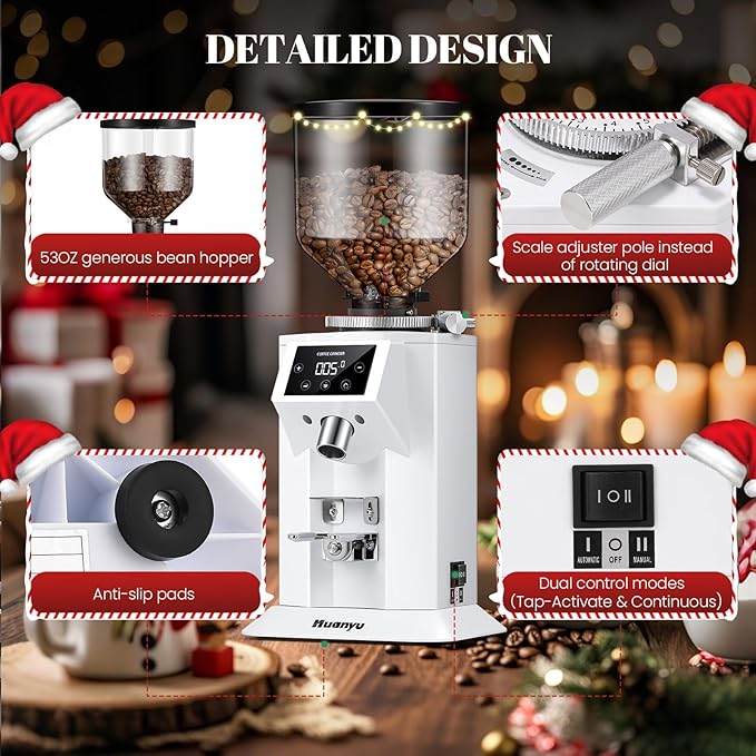 Huanyu Professional Coffee Grinder with 74mm Flat Burr 53ounce Bean Hopper 15 Infinite Grinding Settings Electric Coffee Grinder with Touching Screen White