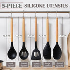 E-far Silicone Cooking Utensils Set, 5-Piece Black Kitchen Utensils Set with Wooden Handle for Cooking, Silicone Kitchen Nonstick Tools Spatula Turner Slotted Spoons, Nontoxic & Heat Resistant-Black