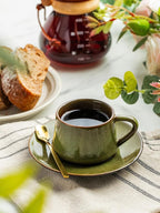 YHOSSEUN Ceramic Espresso Cups Set of 6, 4 Oz Expresso Shots Cup with Stand, Saucers & Spoons, Small Coffee Cup for Double Espresso, Mocha and Tea, Green