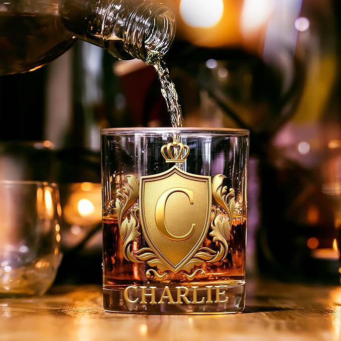 Personalized Whiskey Glass | Custom Golden 3D Initial Badge with Name | 10 oz Drinking Glass Customized Gifts for Man Bartender Whiskey Enthusiast