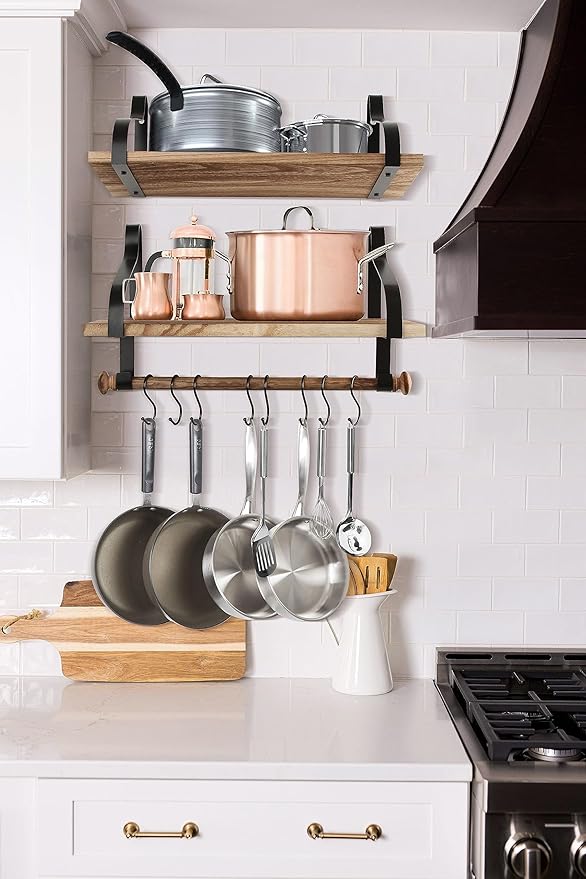 Gurfury Wooden Hanging Pot Rack with 8 Hooks - Farmhouse Style Wall Mount Multifunctional Cookware Organizer Rack Kitchen Storage for Pans Utensils (Natural)