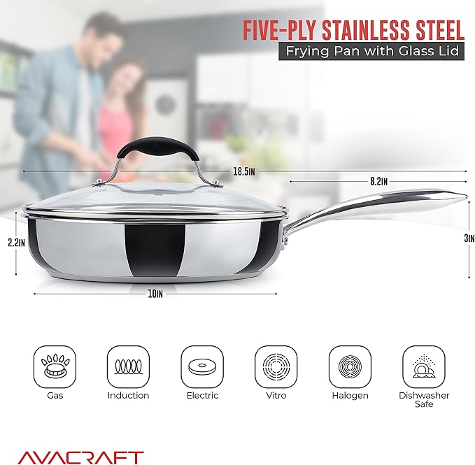AVACRAFT 18/10 10 Inch Stainless Steel Frying Pan with Lid, Side Spouts, Induction, Versatile Stainless Steel Skillet