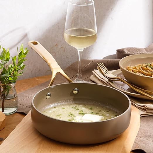 Bloomhouse - Two Time Oprah's Favorite Things Winner - 8 Inch Heavy Duty Aluminum Premium PFA Free Ceramic Nonstick Saute/Deep Frying Pan Skillet - Cappuccino Cream with Gold Handle