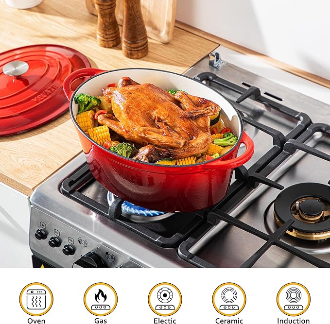 Velaze 7.5 QT Enameled Oval Dutch Oven Pot with Lid, Cast Iron Dutch Oven with Dual Handles for Bread Baking, Cooking, Frying, Non-stick Enamel Coated Cookware (RED)