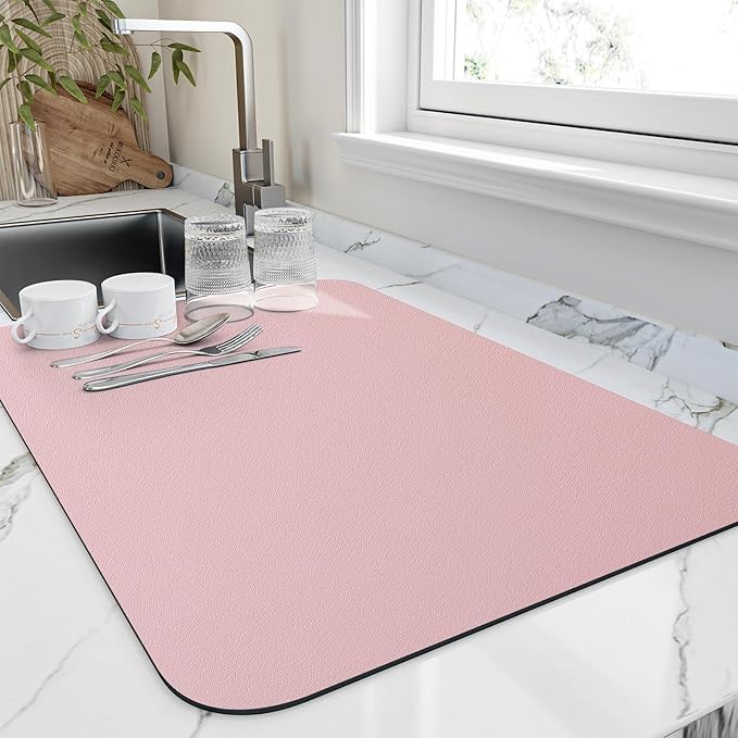 Dish Drying Mat for Kitchen Counter, Heat Resistant Drainer Mats with Non-slip Rubber Backed, Hide Stain Kitchen Super Absorbent Draining Mat, Easy to Clean Dish Rack Pad, Pink 18"x32"